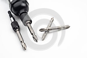 Old Magnetic Impact Screwdriver Drill Bits on white background