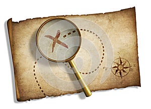 Old magnifying glass and pirates' treasure map