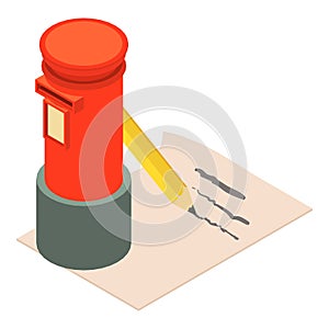 Old mail icon isometric vector. Typical british vintage postbox near paper sheet