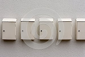 old mailboxes on a house wall