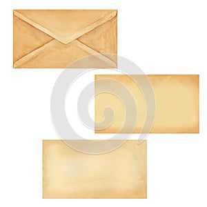 Old mailing empty envelope made of beige parchment paper from a vintage writing set. Watercolor illustration for a