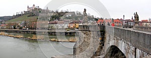 Old Main Bridge, Alte Mainbruecke, Marienberg Fortress on a hill in the background, panoramic shot, Wurzburg, Germany