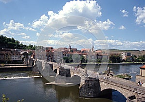 The old Main bridge in WÃ¼rzburg. A bridge from the old town to the Mainviertel