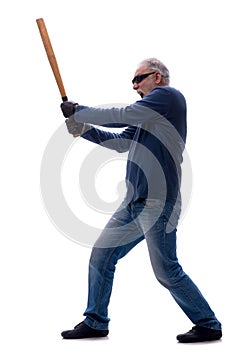 Old male burglar holding baseball bat isolated on white