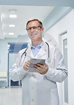Old male doctor holding digital tablet computer looking at camera in hospital.