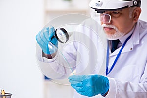 Old male expert criminologist working in the lab for evidence