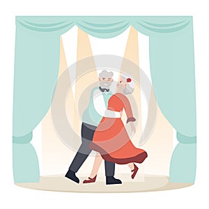 Old male and female dancing on street, senior romantic night concept and vector illustration on white background.