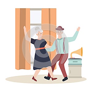 Old male and female dancing on street, senior romantic night concept and vector illustration on white background.