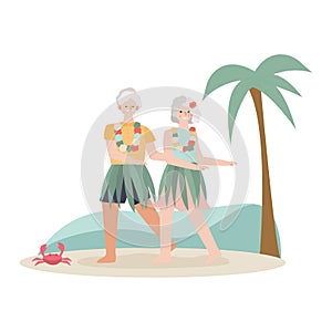 Old male and female dancing on street, senior romantic night concept and vector illustration on white background.