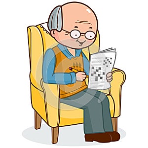 Old man in an armchair solving a crossword puzzle. Vector illustration