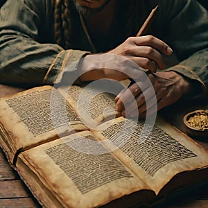An old man is attempting to decipher a code written in an old book
