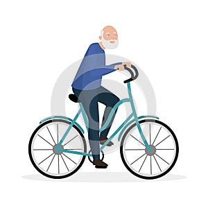 Old man with beard cycling, senior person riding blue bicycle