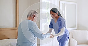 Old man, bedroom or caregiver holding hands in nursing home, retirement clinic for wellness or support. Talking, nurse