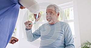 Old man, brushing teeth or nurse in nursing home for wellness or helping support in retirement. Toothpaste, caregiver or