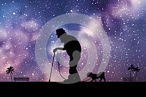 Old man with cane. Grandfather silhouette at starry night. Milky Way