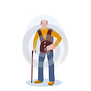 Old Man With Cane illustration. Man, pensioner, stick, newspaper. Editable vector graphic design.