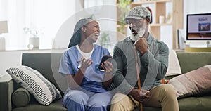 Old man, caregiver and smartphone at nursing home with laughter, help with social media and communication. Black people