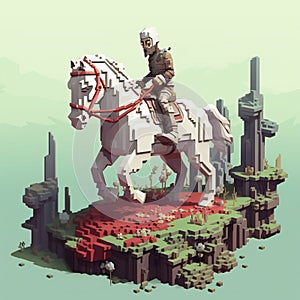 Voxel Art: Grandiose Ruins - A Pixellated Horse Riding Man photo