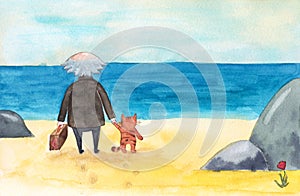 Old man, cat and sea, off-season jaunt to beach