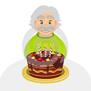 Old man celebrating birthday. Senior man with chocolate cake and candle sitting alone over white. Portrait of grandfather with