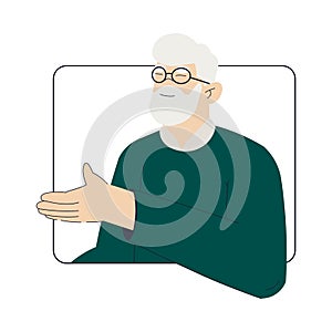 Old Man Character on Computer Screen Use Internet and Modern Gadget Vector Illustration