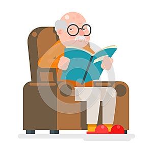 Old Man Characters Read Book Sit Chair Adult Icon Flat Design Vector Illustration