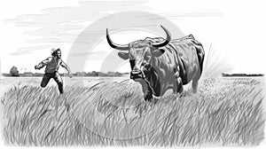 Old Man Chasing Bull In Fujifilm Natura 1600 Style