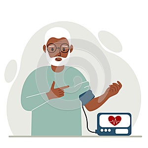 Old man checks blood pressure. healthcare concept. Blood pressure measurement, digital tonometer. Health monitoring.