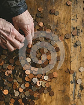 Old man counting coins on a wooden table. Vintage style. Selective focus.