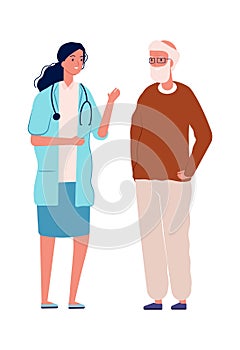Old man and doctor. Health prevention, medical consultation for elderly. Healthcare, male and young nurse vector