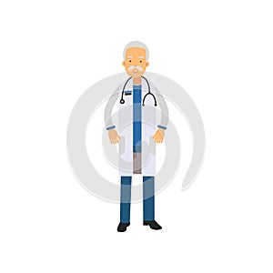 Old man doctor in uniform and stethoscope around his neck, standing isolated on white background