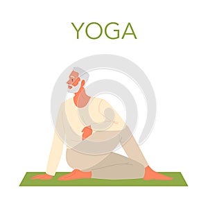 Old man doing yoga. Asana or exercise for senior. Physical and mental