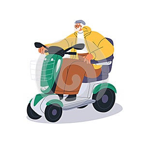 Old man driving electric moped, eco e-scooter. Senior elderly driver riding ecological vehicle, escooter, urban road