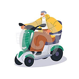 Old man driving electric moped, eco e-scooter. Senior elderly driver riding ecological vehicle, escooter, urban road photo