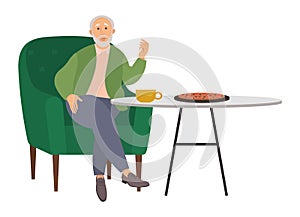 Old man eating in the dining room illustration, sitting at a table with pizza and a cup of tea