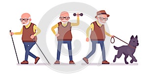 Old man, elderly person with nordic walking poles, pet dog