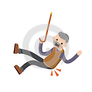 Old Man falls to ground. Sore spot and back pain. Grandfather failure and injury. Cartoon flat illustration