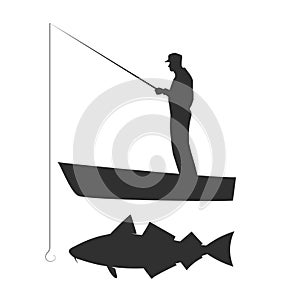Old man is fishing cod on boat. Vector silhouette illustration.