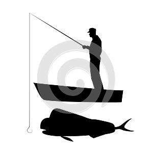 Old man is fishing coryphaena on boat. Vector silhouette illustration. photo