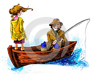 Old man fishing on a wood boat with his Grand daugther photo