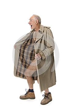 Old man flashing with raincoat