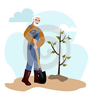 Old man gardener. Man pensioner plant a tree in a garden.