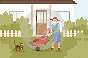 Old man gardener work in garden, cartoon elderly bearded farmer character working with wheelbarrow