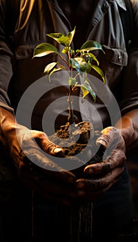 Old man gardening in soil tree. Small plant in senior man hands. Generative AI