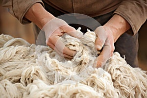 Old man gathers sheared sheep wool from ground on farm yard woven material producing