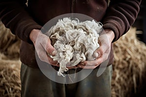 Old man gathers sheared sheep wool from ground on farm yard woven material producing