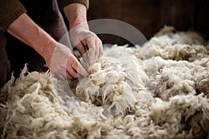 Old man gathers sheared sheep wool from ground on farm yard woven material producing