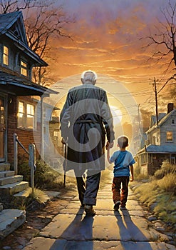 Old man or grandfather walking grandson home at sunset