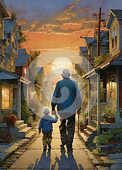 Old man or grandfather walking grandson home at sunset