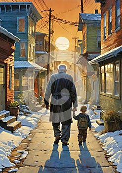 Old man or grandfather walking grandson home at sunset